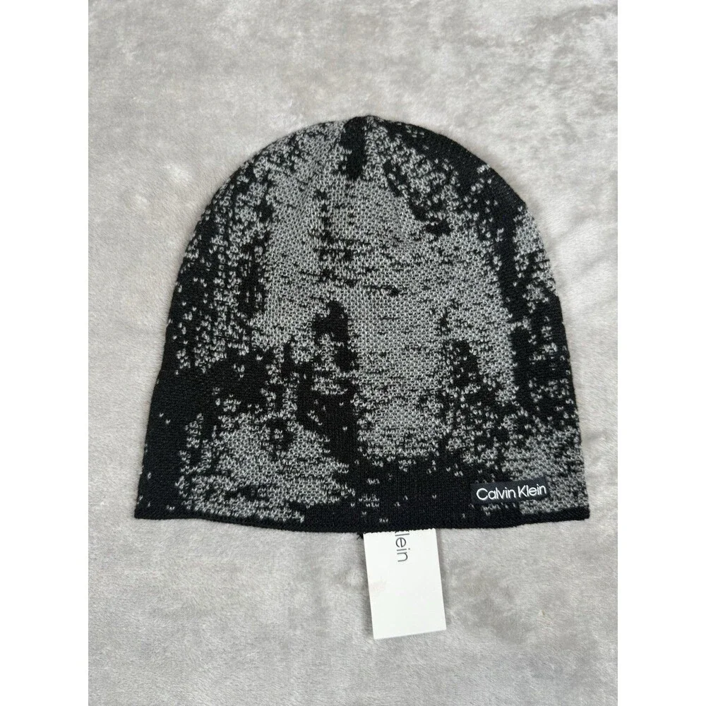 Calvin Klein Beanie Hat Black Gray Knit Logo Winter Acrylic Unisex